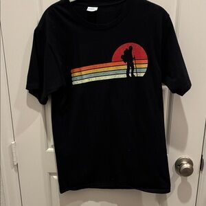 Black t Shirt with Sunset Hiking Silhouette Design